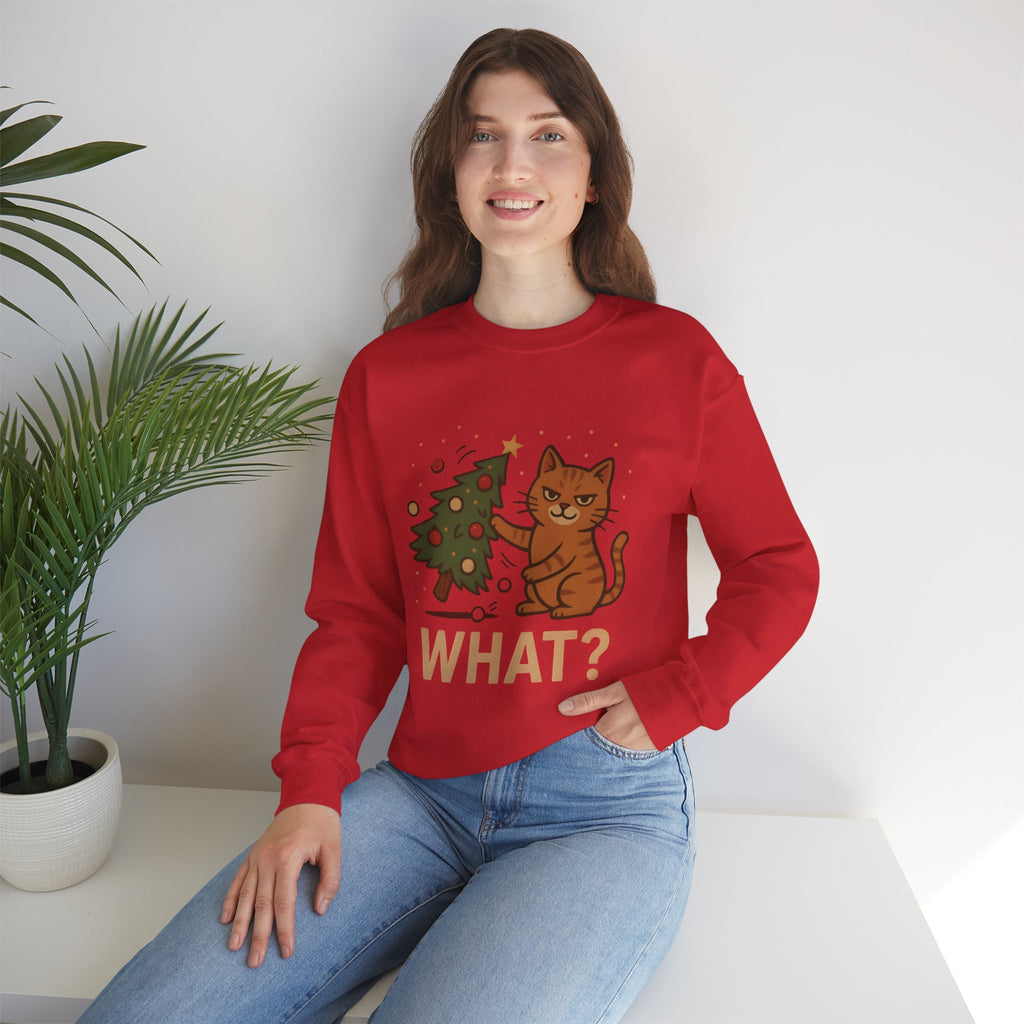 Funny Cat Christmas Sweatshirt — 'WHAT?' Kitty Knocks Over Tree Holiday Crewneck