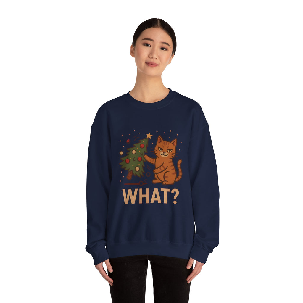 Funny Cat Christmas Sweatshirt — 'WHAT?' Kitty Knocks Over Tree Holiday Crewneck