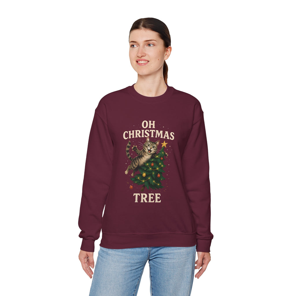 Oh Christmas Tree Cat Sweatshirt – Funny Holiday Crewneck for Cat Lovers