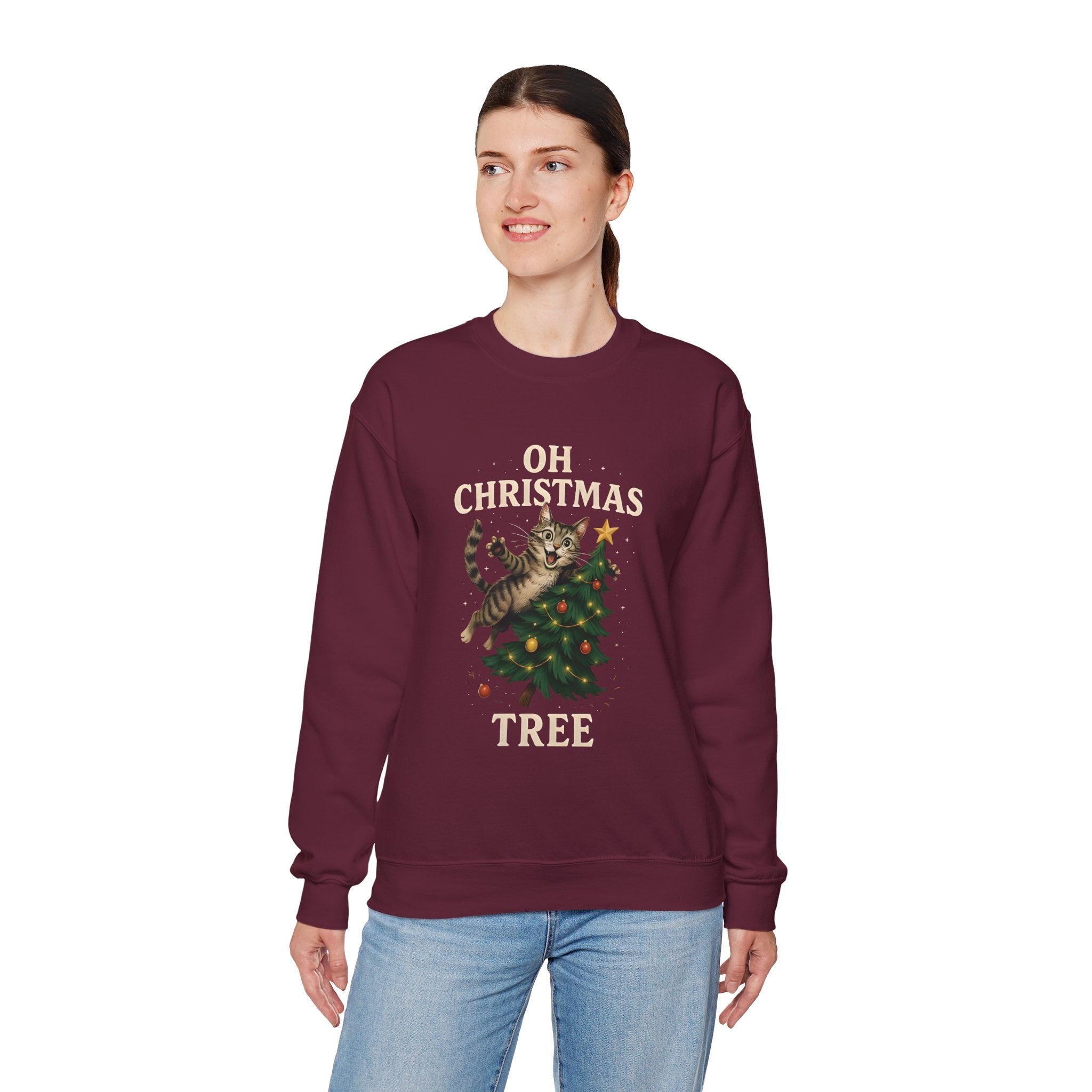 Oh Christmas Tree Cat Sweatshirt – Funny Holiday Crewneck for Cat Lovers
