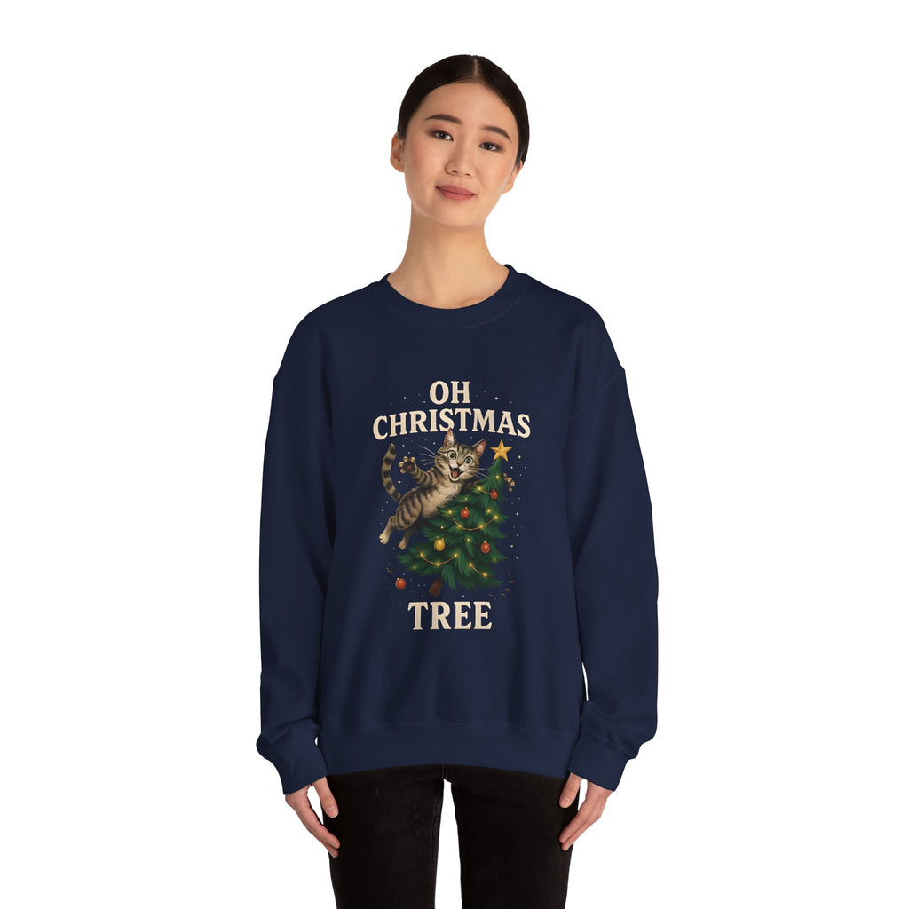 Oh Christmas Tree Cat Sweatshirt – Funny Holiday Crewneck for Cat Lovers