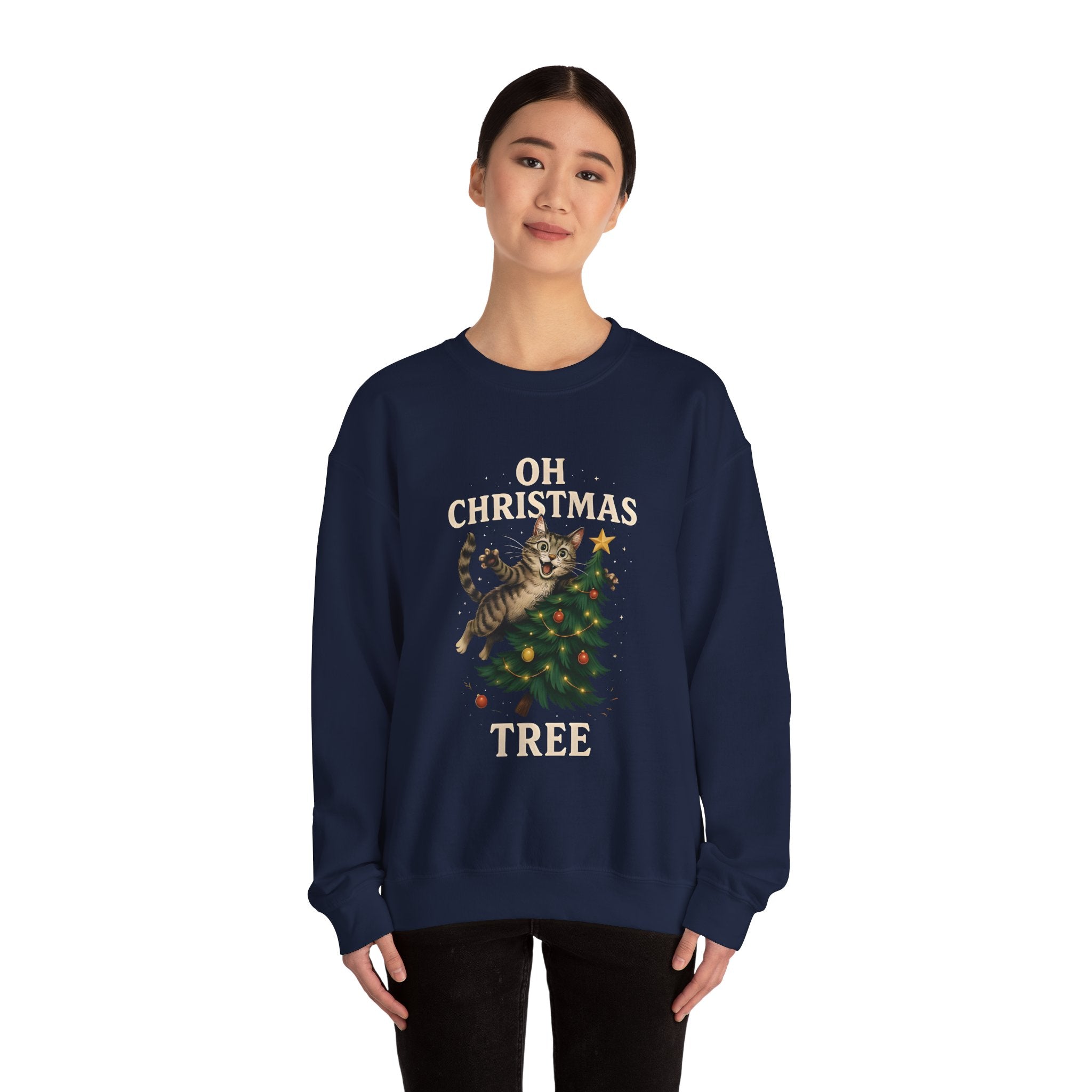 Oh Christmas Tree Cat Sweatshirt – Funny Holiday Crewneck for Cat Lovers
