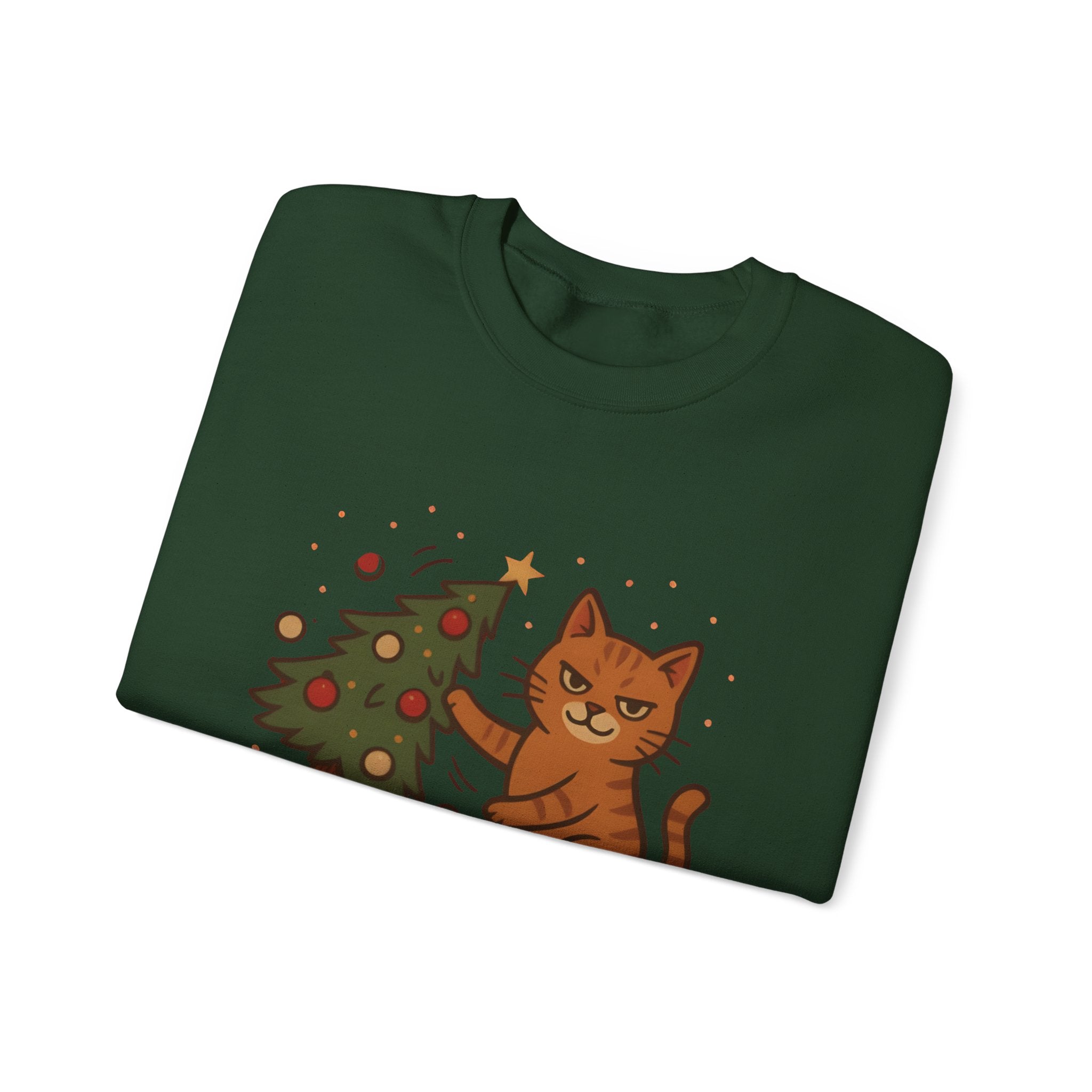 Funny Cat Christmas Sweatshirt — 'WHAT?' Kitty Knocks Over Tree Holiday Crewneck