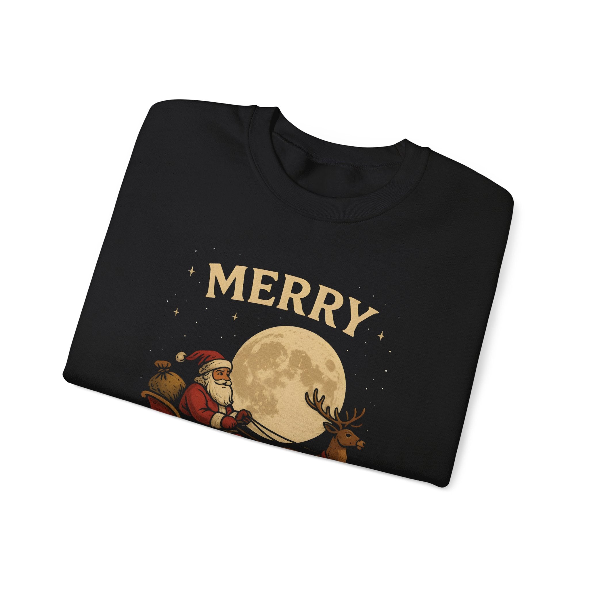 Merry Christmas Sweatshirt — Santa Sleigh Moon Graphic Crewneck