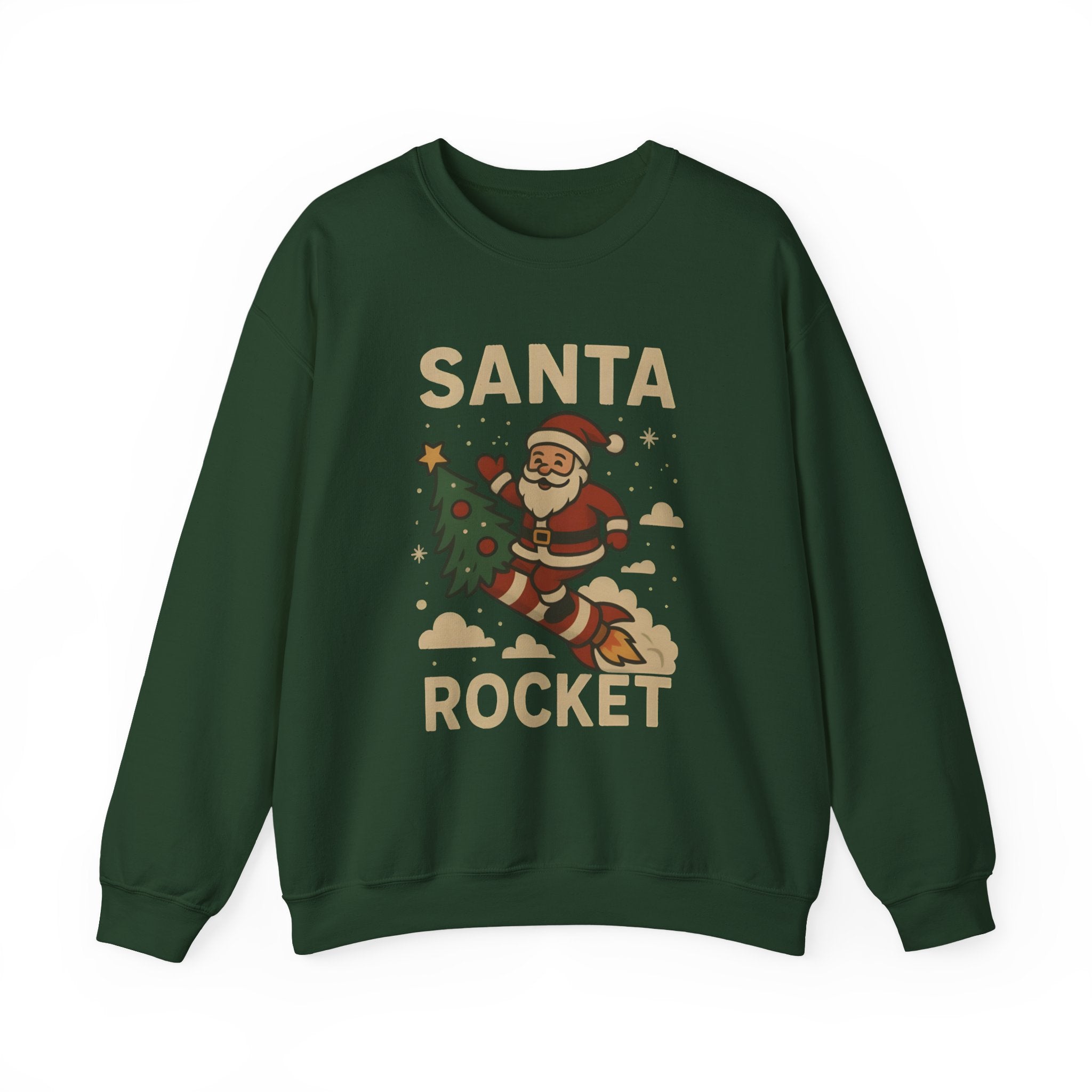 Santa Rocket Sweatshirt — Retro Christmas Santa on Rocket with 'SANTA ROCKET' Text