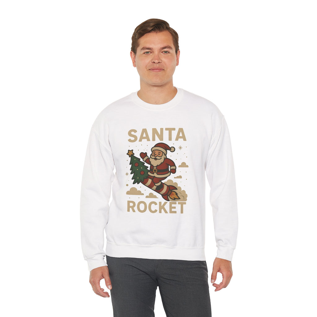 Santa Rocket Sweatshirt — Retro Christmas Santa on Rocket with 'SANTA ROCKET' Text