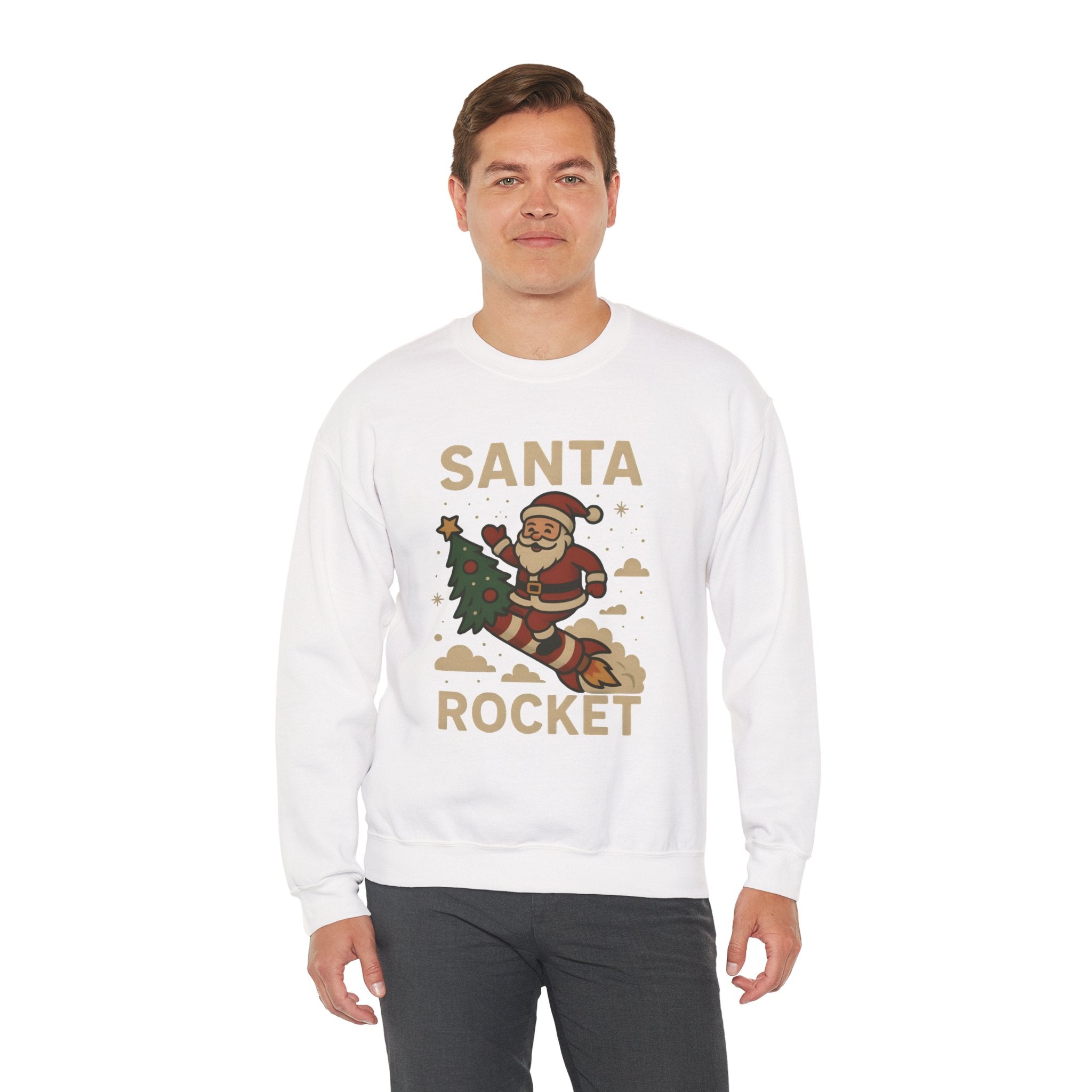 Santa Rocket Sweatshirt — Retro Christmas Santa on Rocket with 'SANTA ROCKET' Text