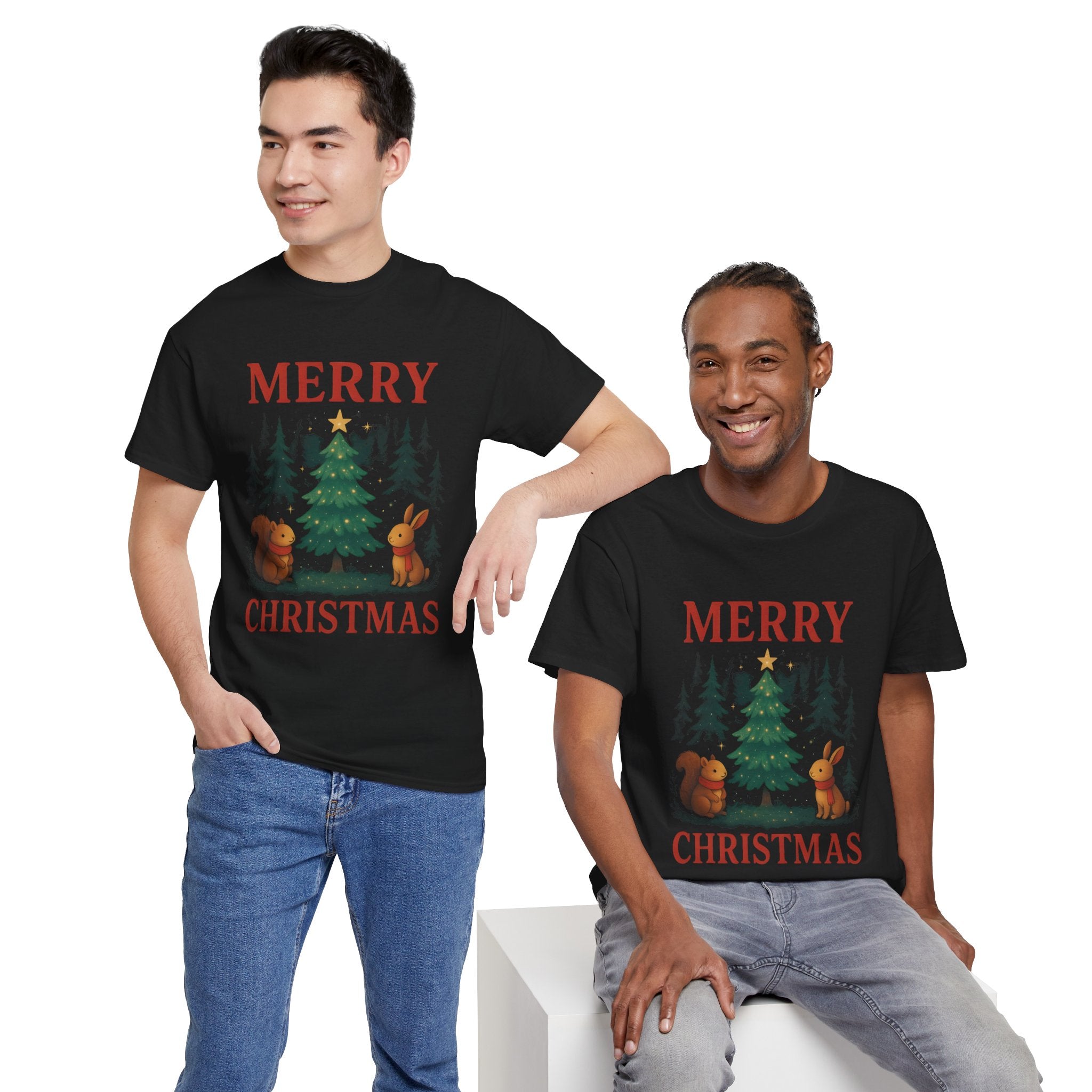 Christmas Tee — 'Merry Christmas' Woodland Tree with Squirrel & Bunny Holiday Shirt