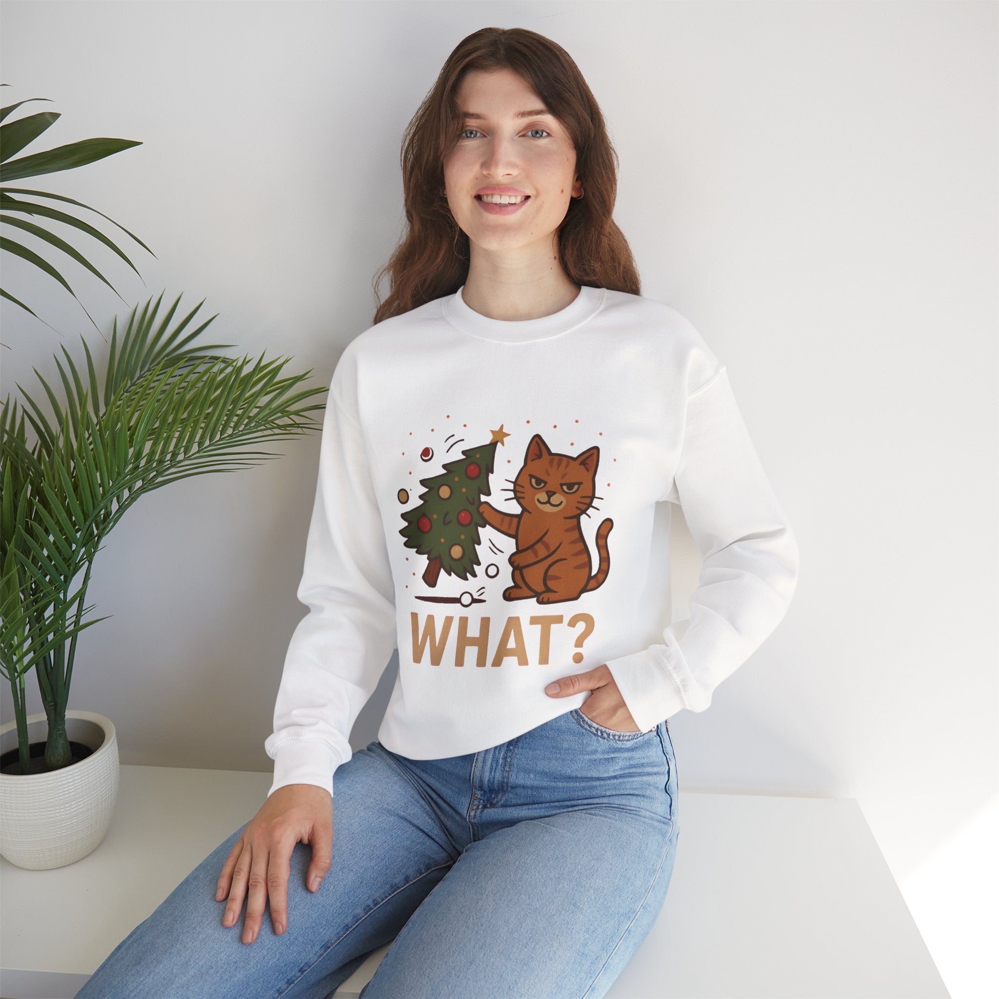 Funny Cat Christmas Sweatshirt — 'WHAT?' Kitty Knocks Over Tree Holiday Crewneck