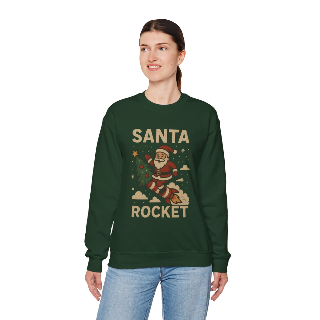 Santa Rocket Sweatshirt — Retro Christmas Santa on Rocket with 'SANTA ROCKET' Text