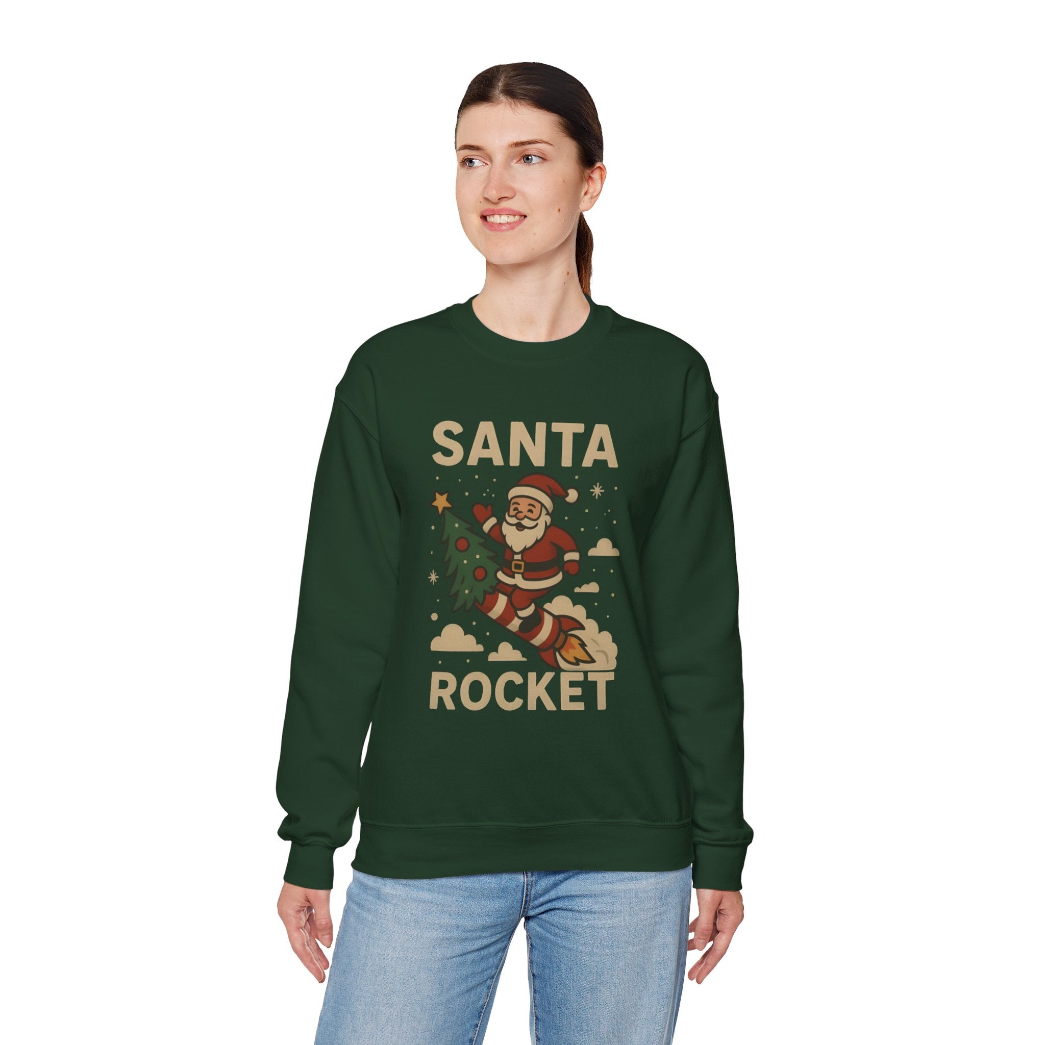 Santa Rocket Sweatshirt — Retro Christmas Santa on Rocket with 'SANTA ROCKET' Text