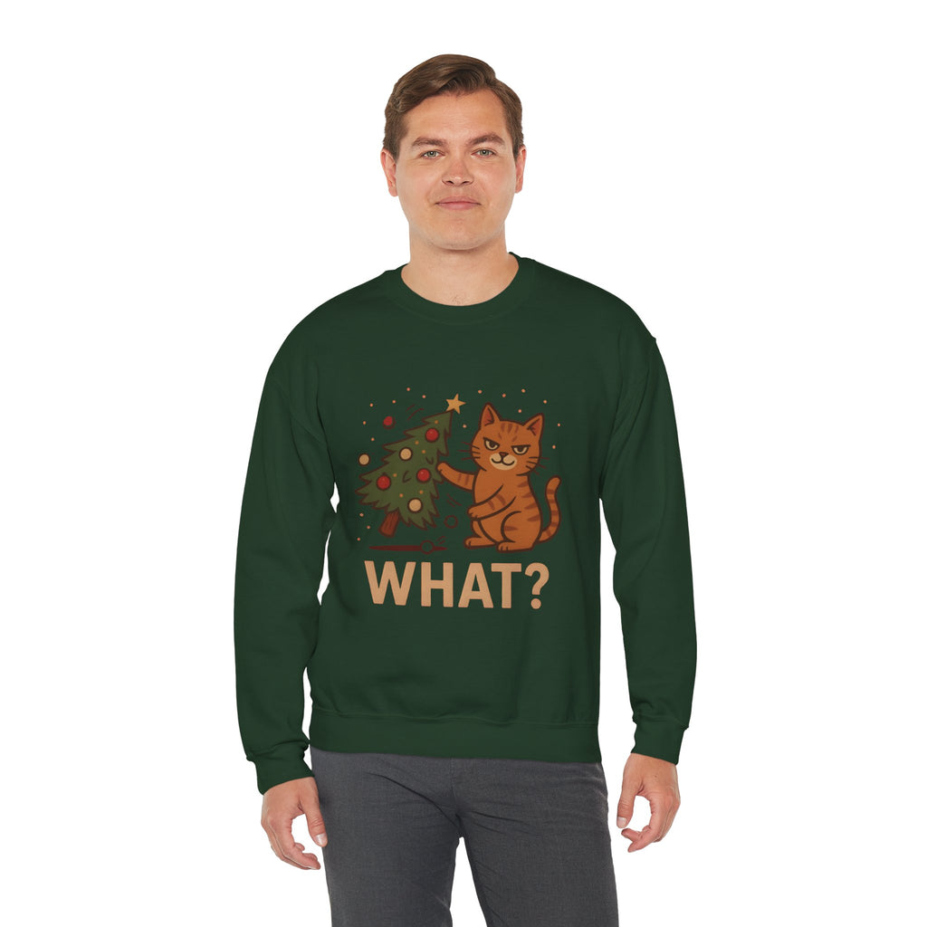 Funny Cat Christmas Sweatshirt — 'WHAT?' Kitty Knocks Over Tree Holiday Crewneck