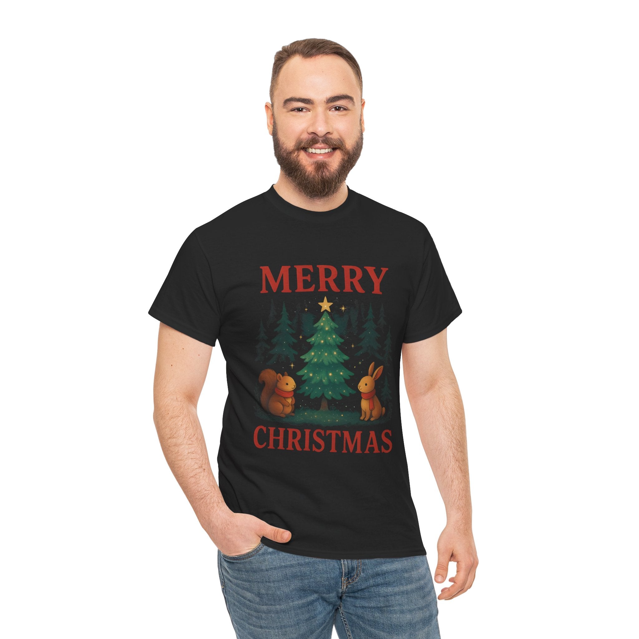 Christmas Tee — 'Merry Christmas' Woodland Tree with Squirrel & Bunny Holiday Shirt