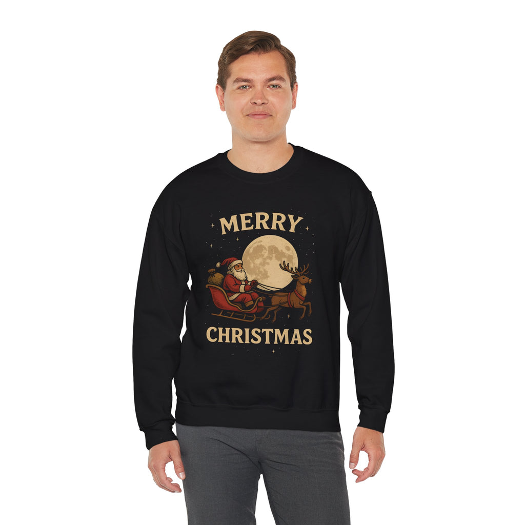 Merry Christmas Sweatshirt — Santa Sleigh Moon Graphic Crewneck