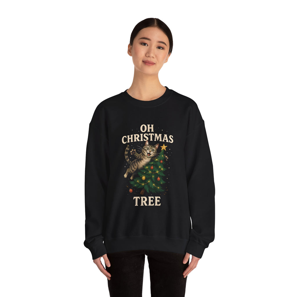 Oh Christmas Tree Cat Sweatshirt – Funny Holiday Crewneck for Cat Lovers