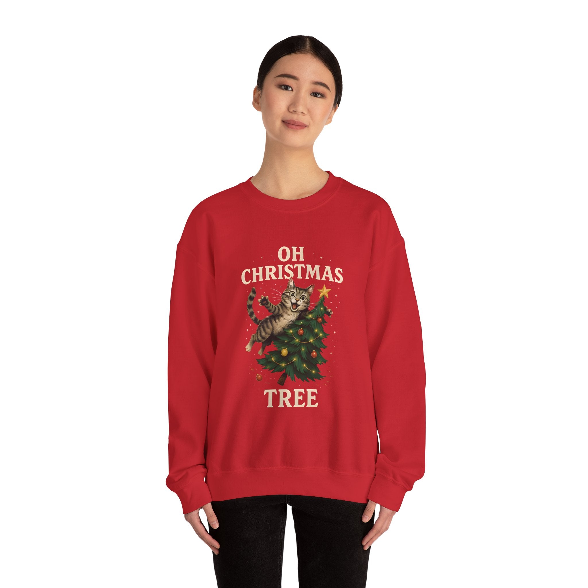 Oh Christmas Tree Cat Sweatshirt – Funny Holiday Crewneck for Cat Lovers