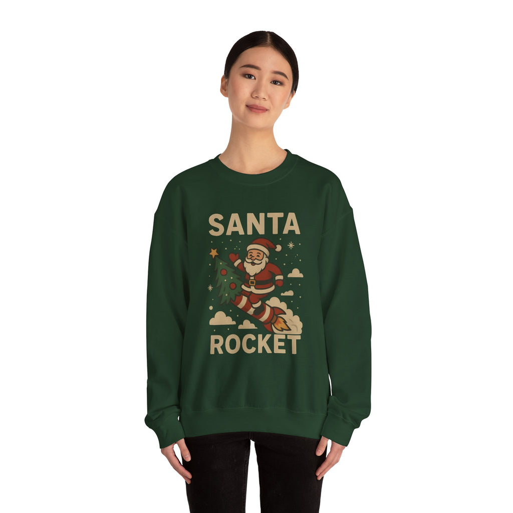 Santa Rocket Sweatshirt — Retro Christmas Santa on Rocket with 'SANTA ROCKET' Text