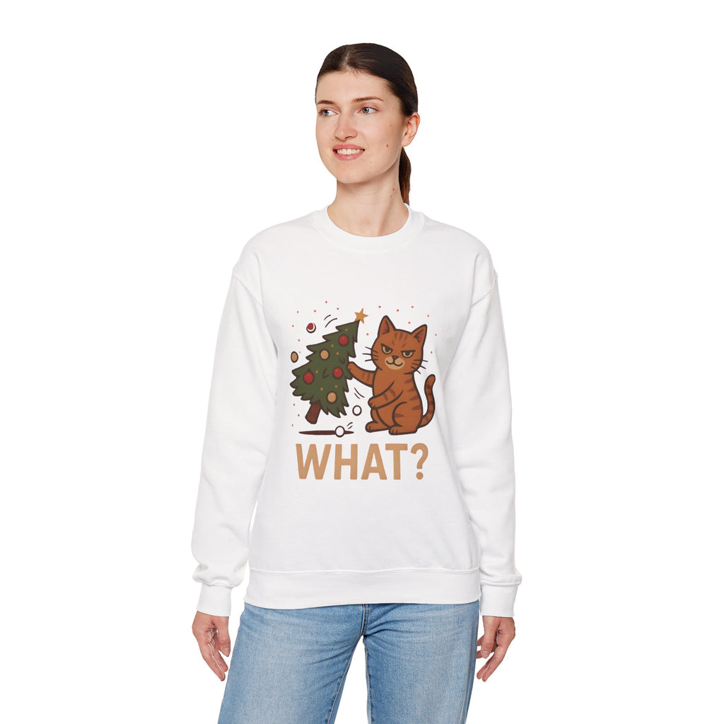 Funny Cat Christmas Sweatshirt — 'WHAT?' Kitty Knocks Over Tree Holiday Crewneck