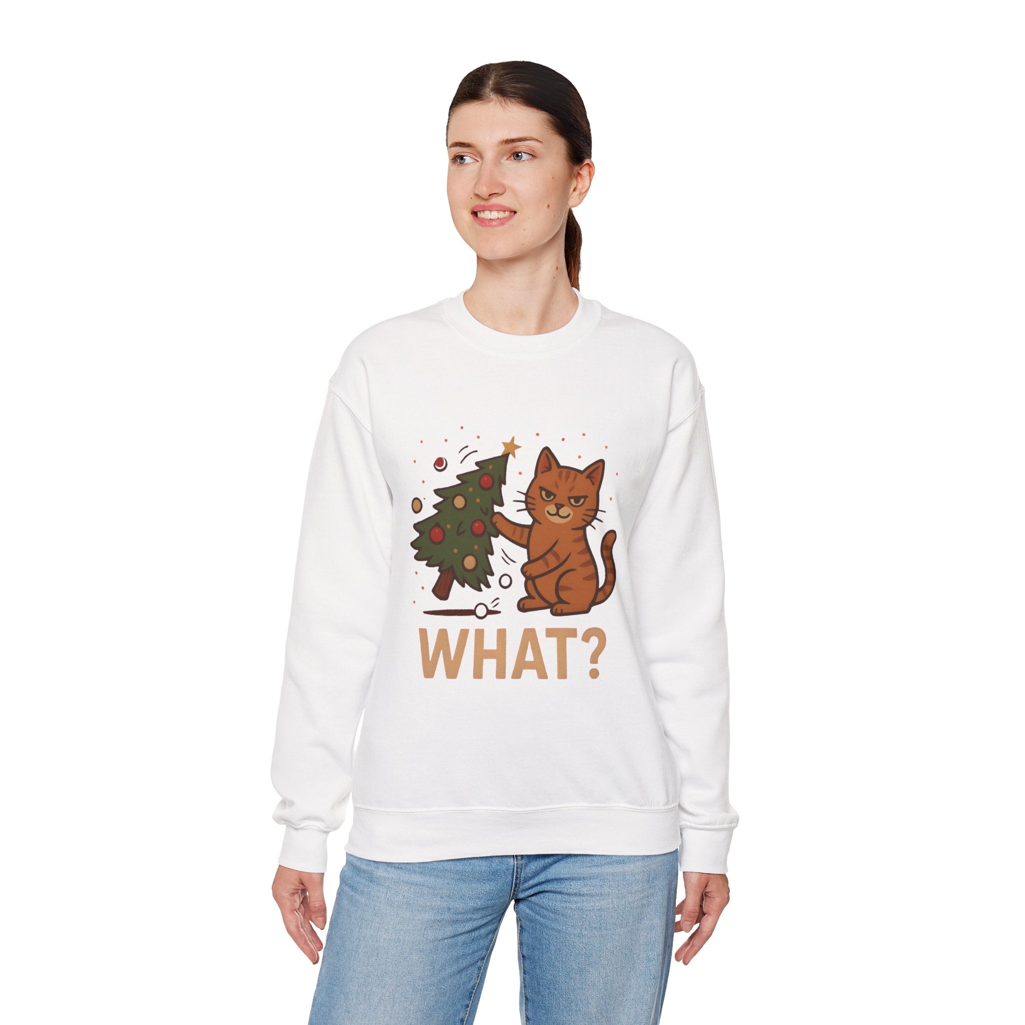 Funny Cat Christmas Sweatshirt — 'WHAT?' Kitty Knocks Over Tree Holiday Crewneck