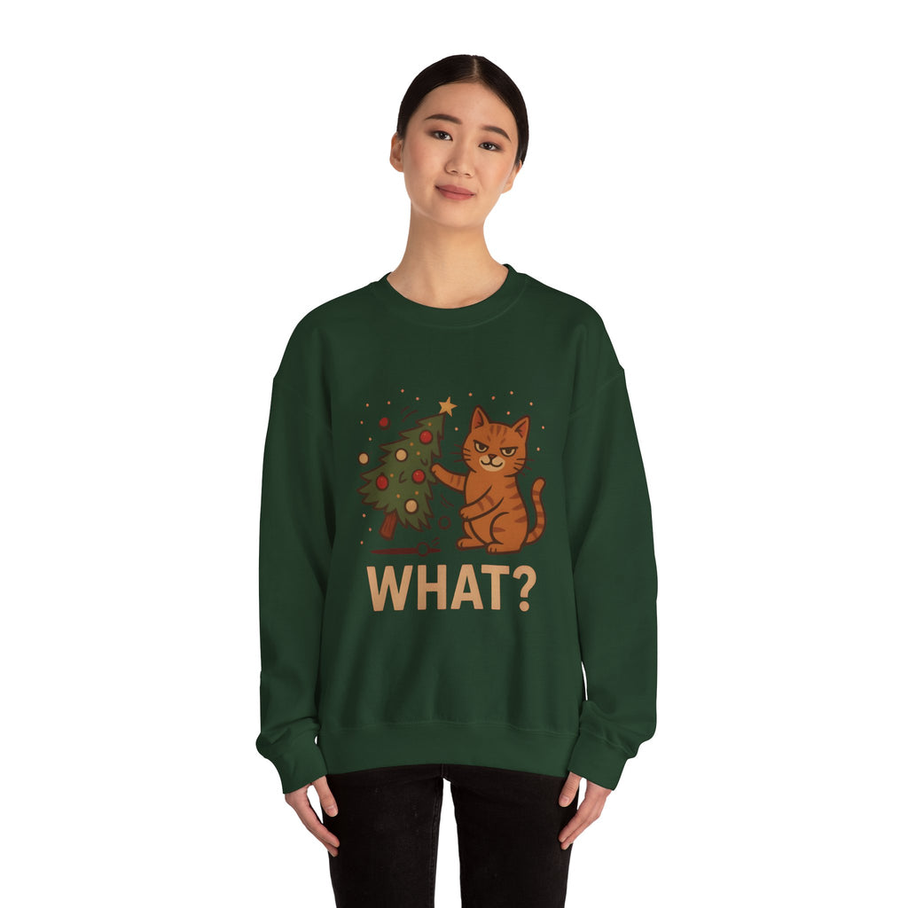 Funny Cat Christmas Sweatshirt — 'WHAT?' Kitty Knocks Over Tree Holiday Crewneck