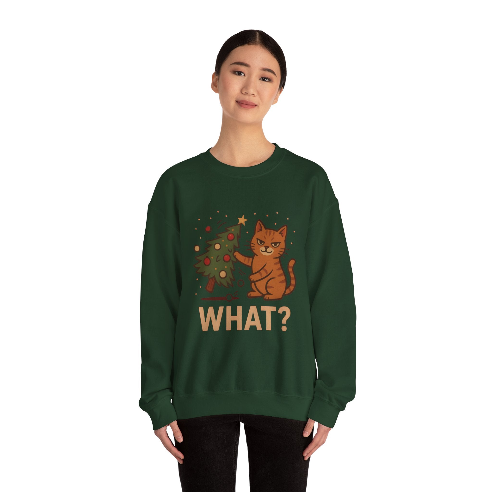Funny Cat Christmas Sweatshirt — 'WHAT?' Kitty Knocks Over Tree Holiday Crewneck