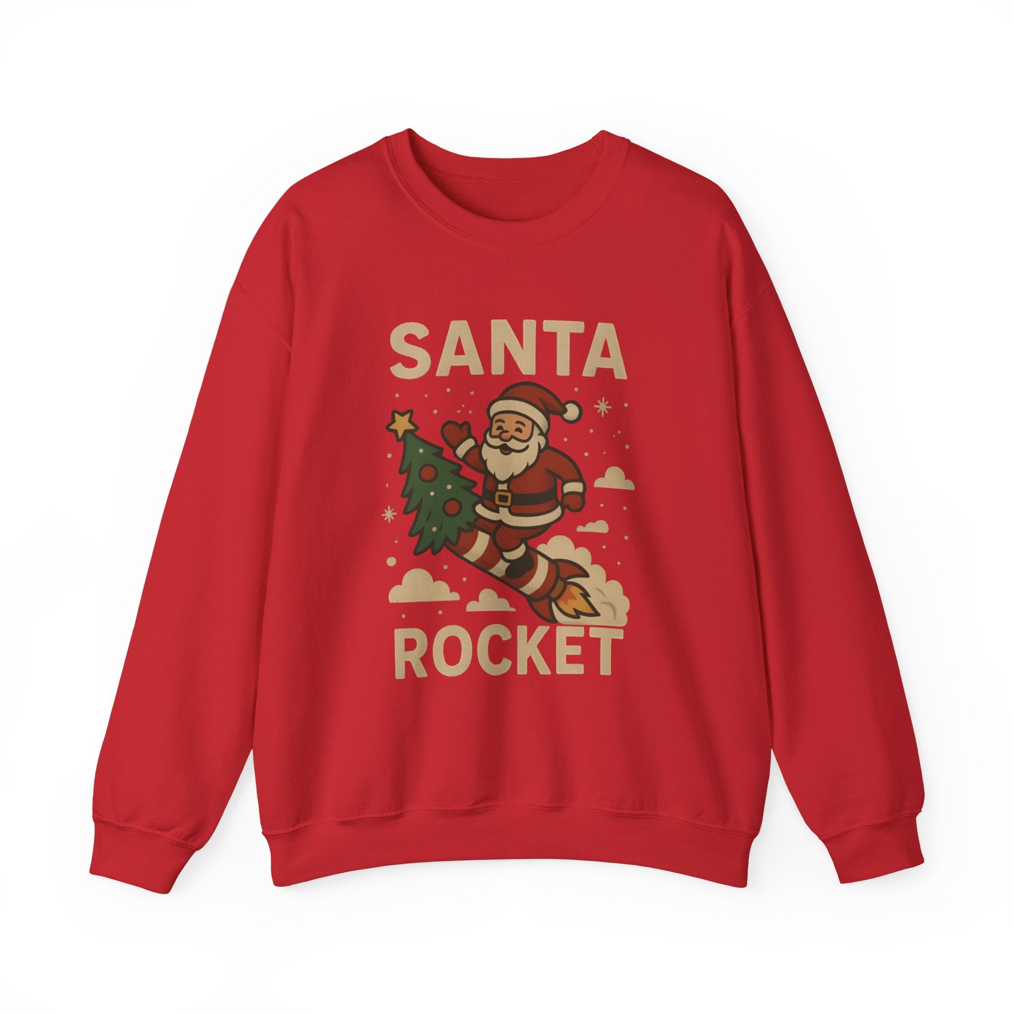 Santa Rocket Sweatshirt — Retro Christmas Santa on Rocket with 'SANTA ROCKET' Text