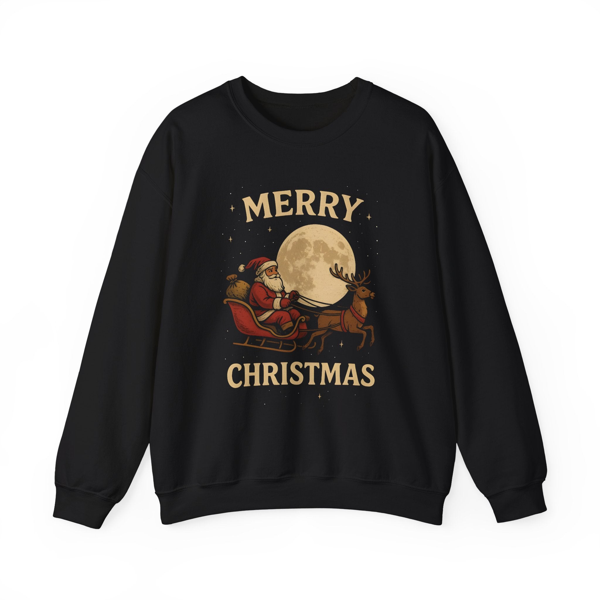 Merry Christmas Sweatshirt — Santa Sleigh Moon Graphic Crewneck