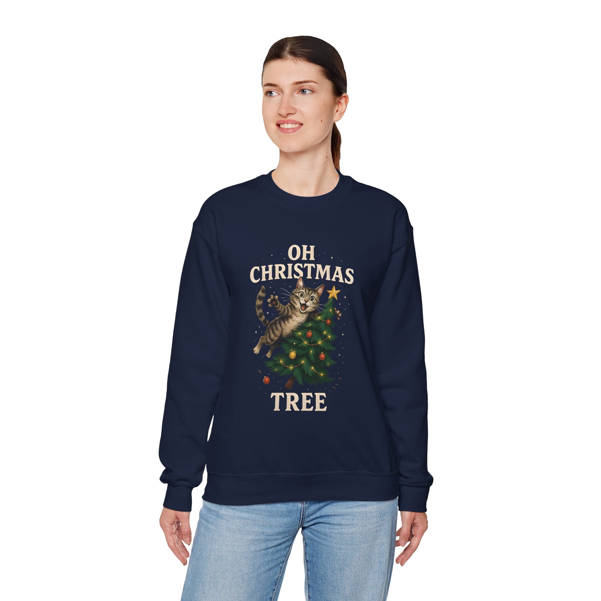 Oh Christmas Tree Cat Sweatshirt – Funny Holiday Crewneck for Cat Lovers