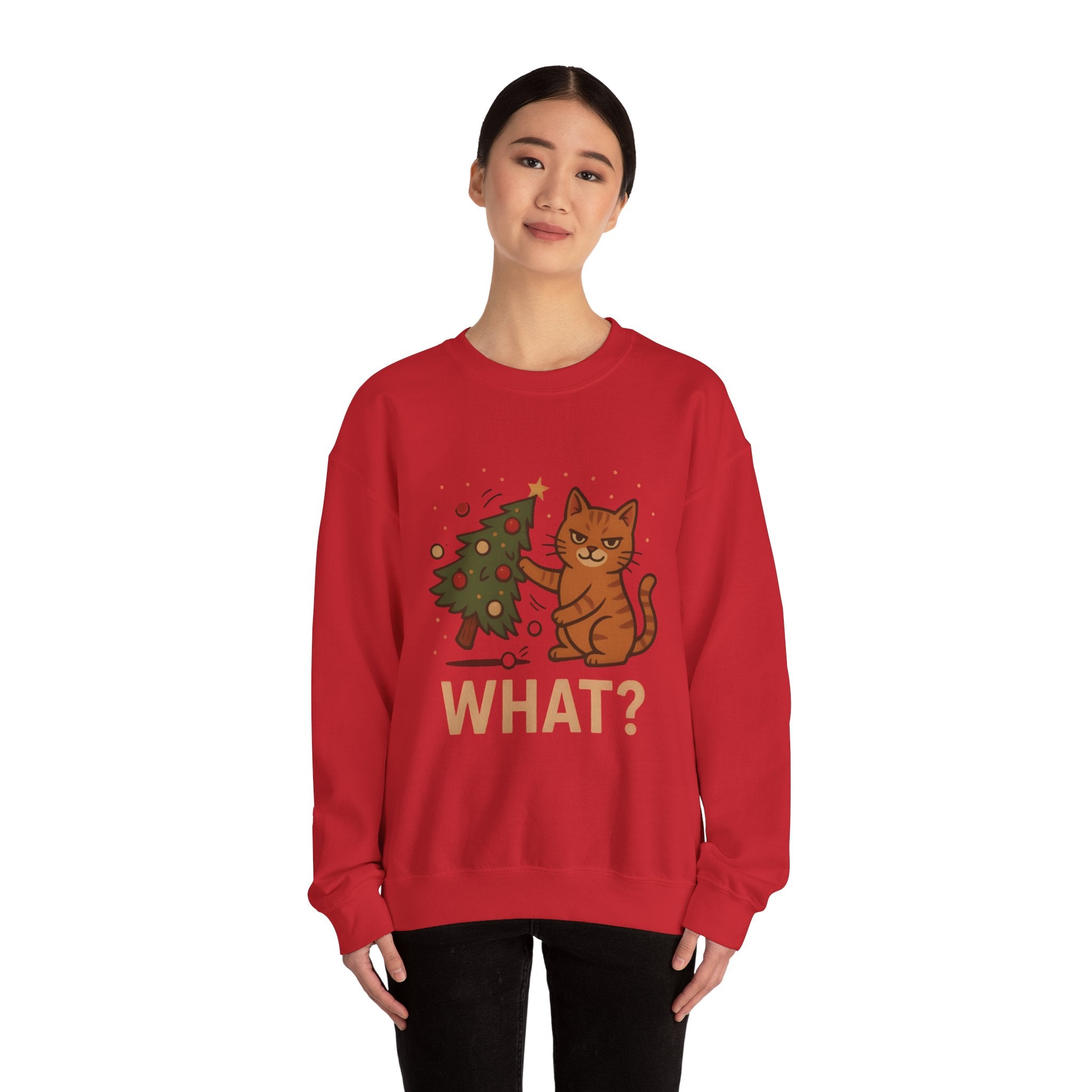 Funny Cat Christmas Sweatshirt — 'WHAT?' Kitty Knocks Over Tree Holiday Crewneck