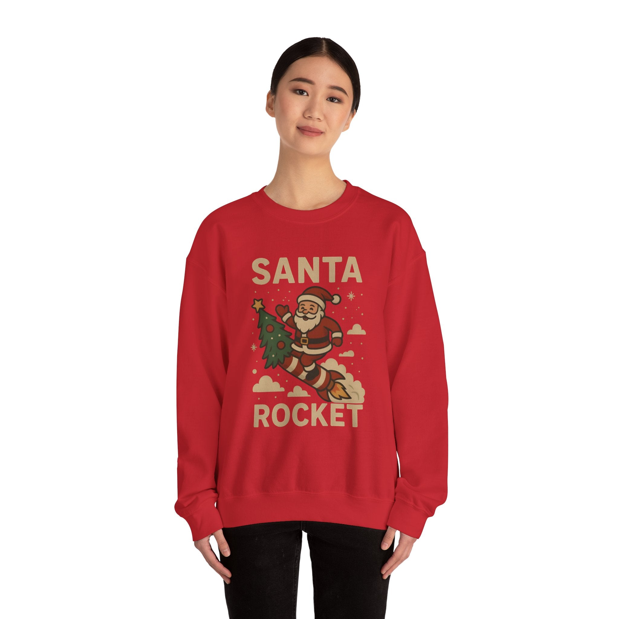 Santa Rocket Sweatshirt — Retro Christmas Santa on Rocket with 'SANTA ROCKET' Text