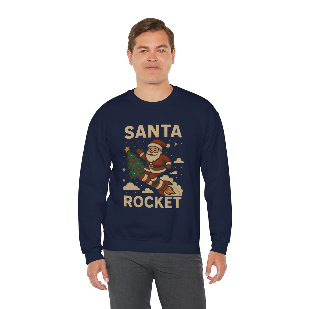 Santa Rocket Sweatshirt — Retro Christmas Santa on Rocket with 'SANTA ROCKET' Text