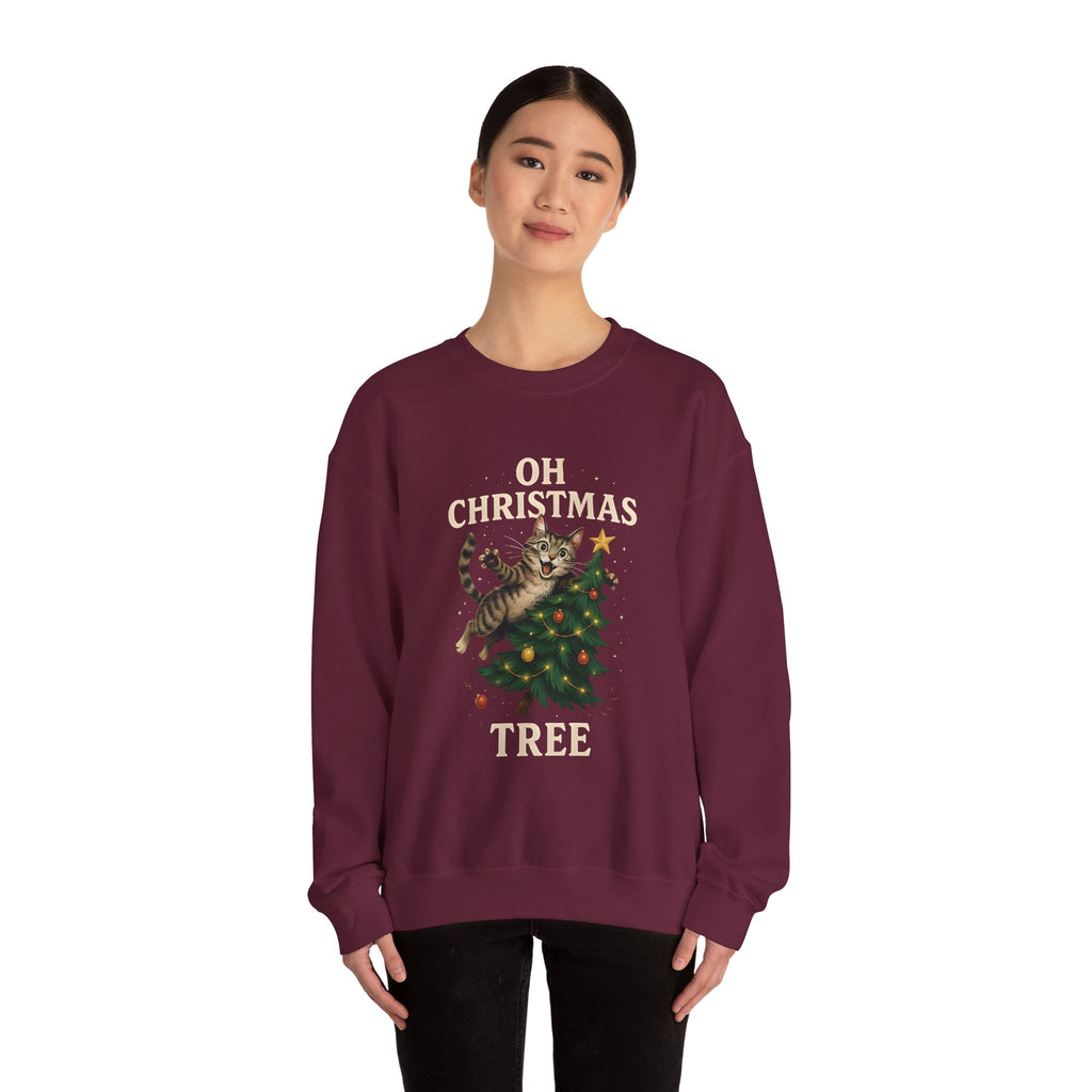 Oh Christmas Tree Cat Sweatshirt – Funny Holiday Crewneck for Cat Lovers